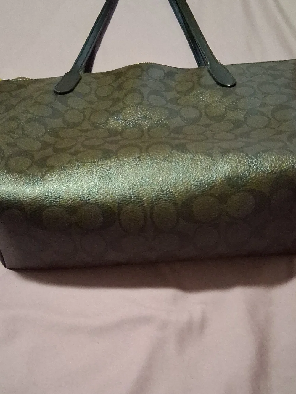 Coach Brown Signature Tote with Dark Green Handles - Picture 8 of 10